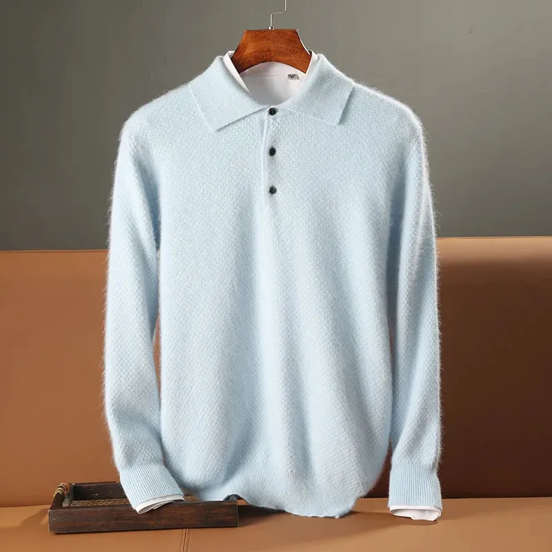 Mens 100 Mink Cashmere stor storlek tröja Autumnwinter Solid Polo Neck Casual Stickover Pullover Lång ärm varm 240319