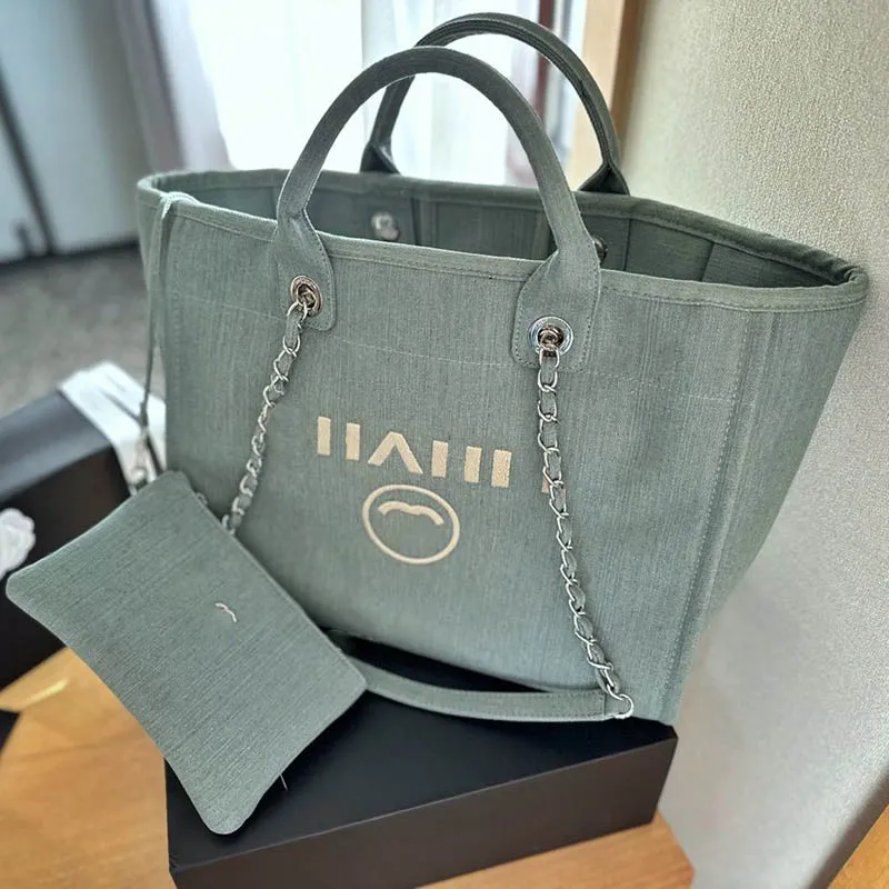 38CM Damen Strandtasche mit großem Fassungsvermögen, Reise-Flughafentaschen, blauer Denim, bedruckter Schriftzug, Outdoor-Reise, Umhängetasche, Umhängetasche mit Reißverschluss, Geldbörse, Unterarmtasche