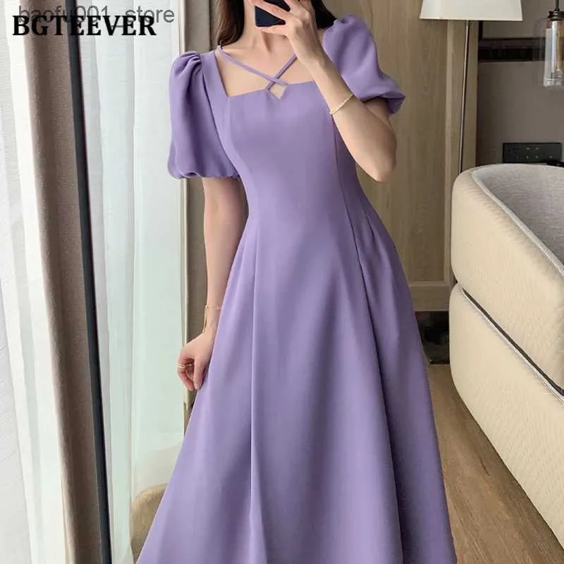 Basic Casual Dresses BGTEEVER Spring/Summer Puff Sleeves Womens Solid A-line Dress Vintage Square Neckline Ultra Thin Midi Elegant Tank Top Q240322