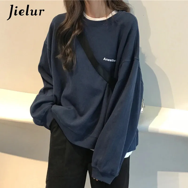 Jielur Kpop Letter Hoody Fashion Korean Thin Chic Womens Sweatshirts Cool Navy Blue Gray Hoodies for Women M-XXL 240328