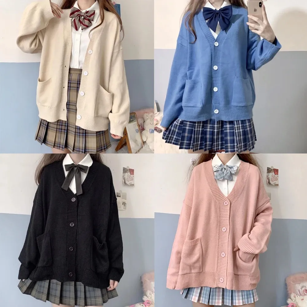 Japan School Sweater Spring Autumn V-neck Cotton Knitted Sweater College Style JK Uniform Cardigan 5 Color Student Girls Cosplay 240318