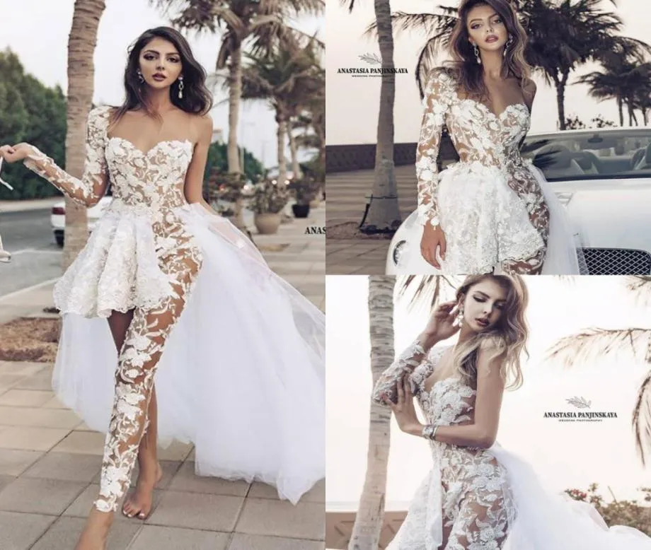 2020 Western Country Wedding Jumpsuits med löstagbar tågspets Appliced ​​Sweetheart Long Sleeve Boho Wedding Dress Vestidos de 3732310