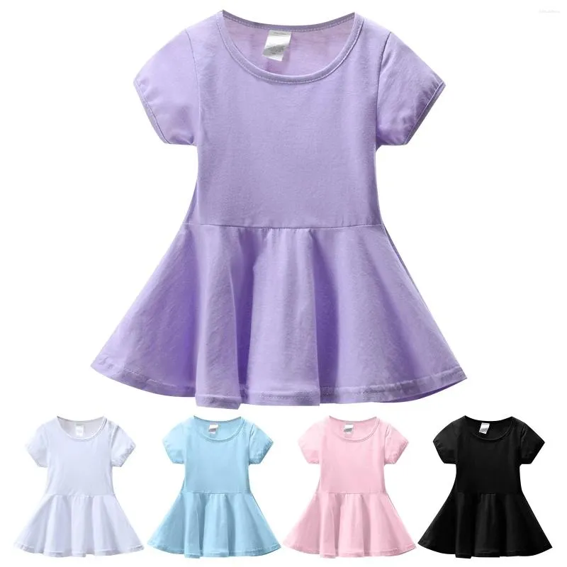 Girl Dresses Summer Solid Color Crewneck Short Sleeve A Line Knee Length Dress Simple Long Frocks For Girls 4 Years