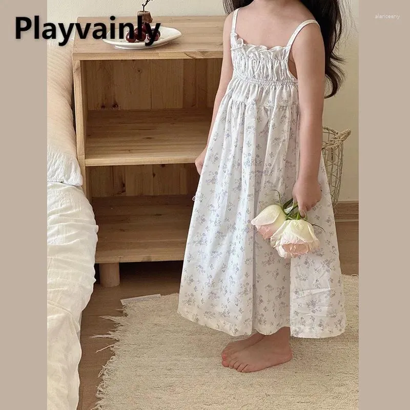 Flicka klänningar koreansk stil sommar baby flickor prinsessan klänning blommig tryck kvadrat krage ärmlösa sling fairy barn kläder e2326