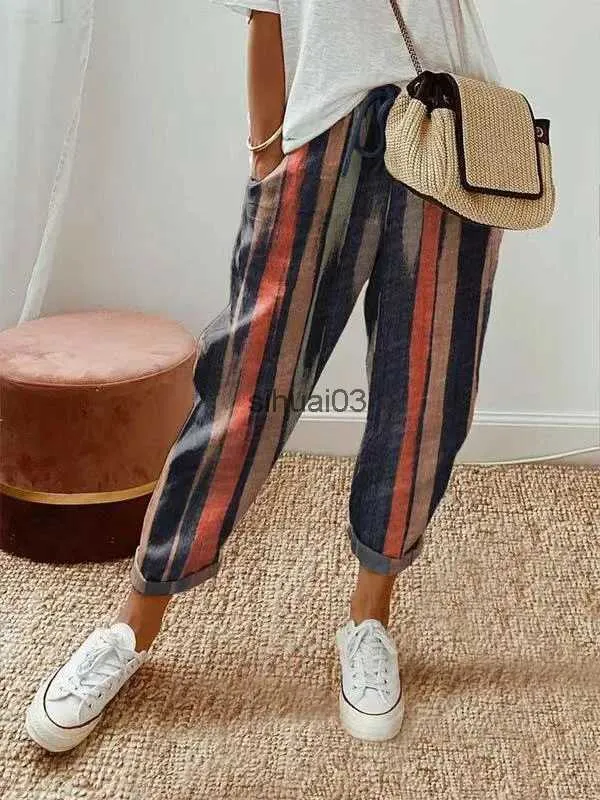 Jeans femininos 2024 calças de alfaiataria cintura elástica escovado retro fino flor impressão média e manga longa bolsos calças mulheres roupas l2403