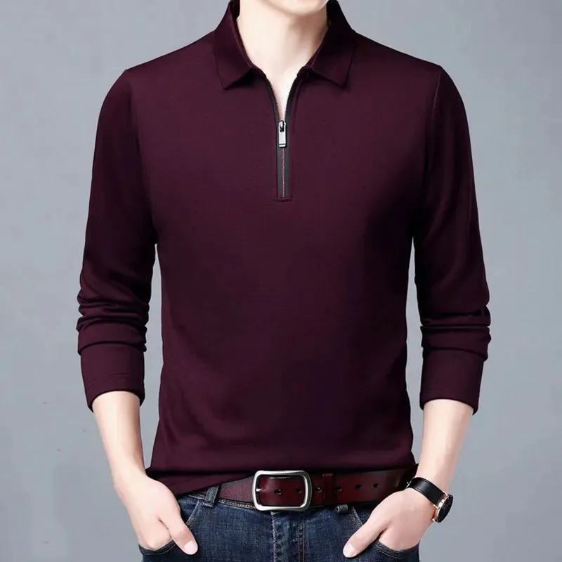 Smart Casual Mens Solid Polo Shirt Spring Autumn Long Rleeve Zapip Flar Business Fashion Lose Polos Tops Odzież 240323