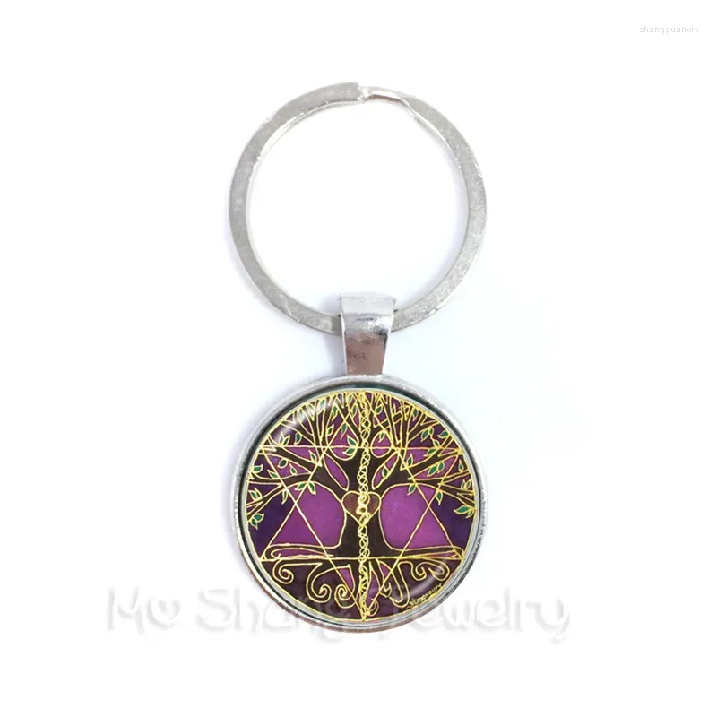 Nyckelringar Tree of Life Keychain Pentacle Picture Glass Cabochon smycken nyckelhållare biltillbehör för män kvinnor gåva