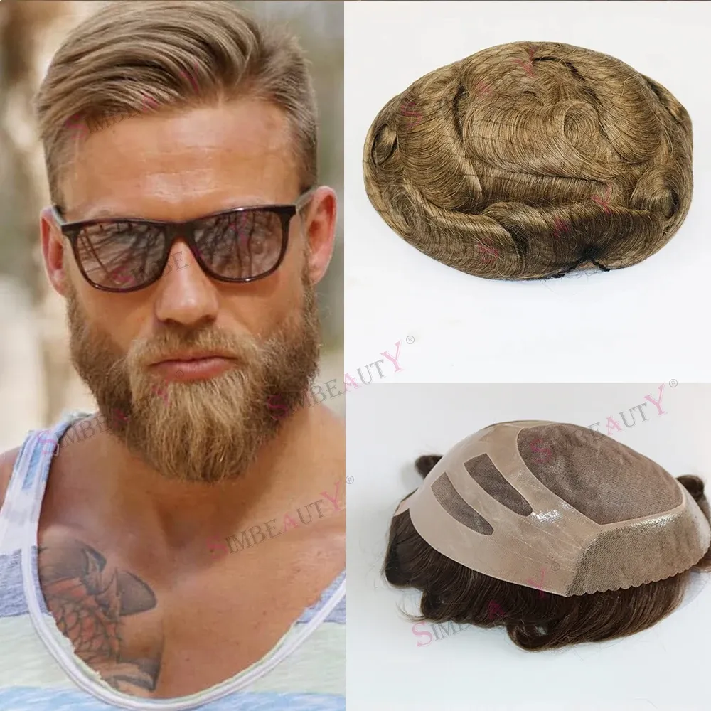 男性用のToupeees Wavy Toupee remy人間の髪の交換システムメンズヘアピース細かいモノレーストップ