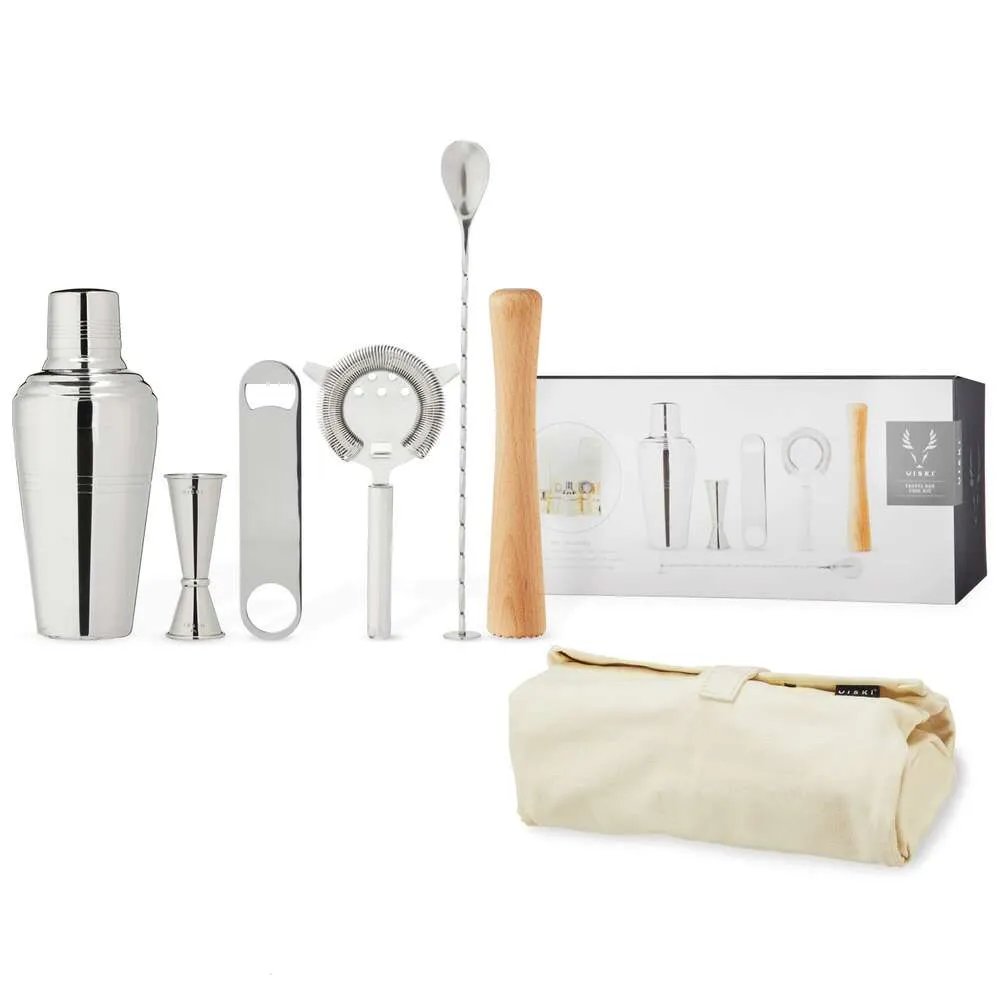 Viski Kit de barman de voyage 6 pièces, mélangeurs de boissons pour queues, cadeaux essentiels : shaker classique, passoire Hawthorne, décapsuleur, doseur, cuillère à bar, pilon