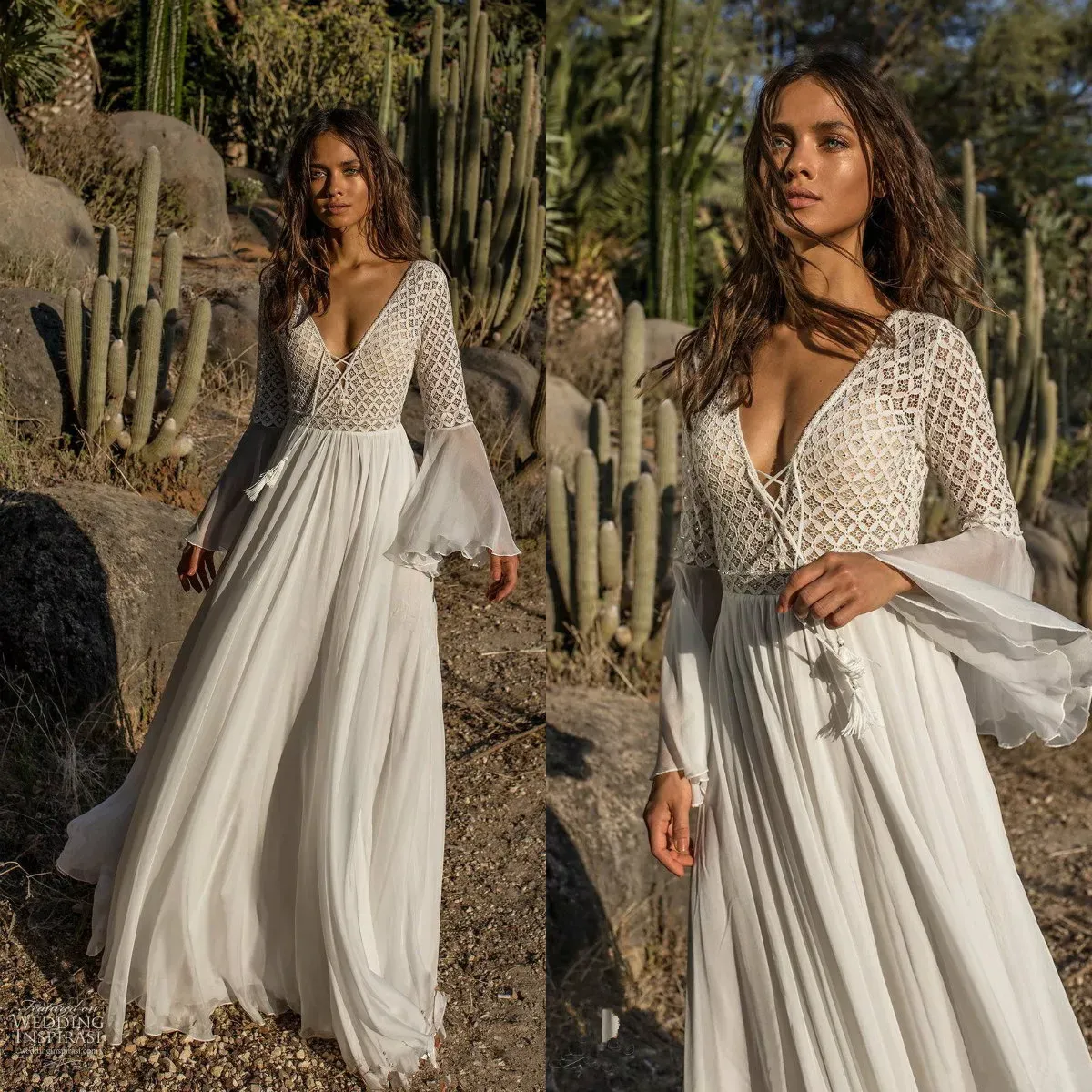 Robes de mariée bohème en mousseline de soie, ligne a, manches longues, style boho, sexy, décolleté en V, robes de mariée de plage