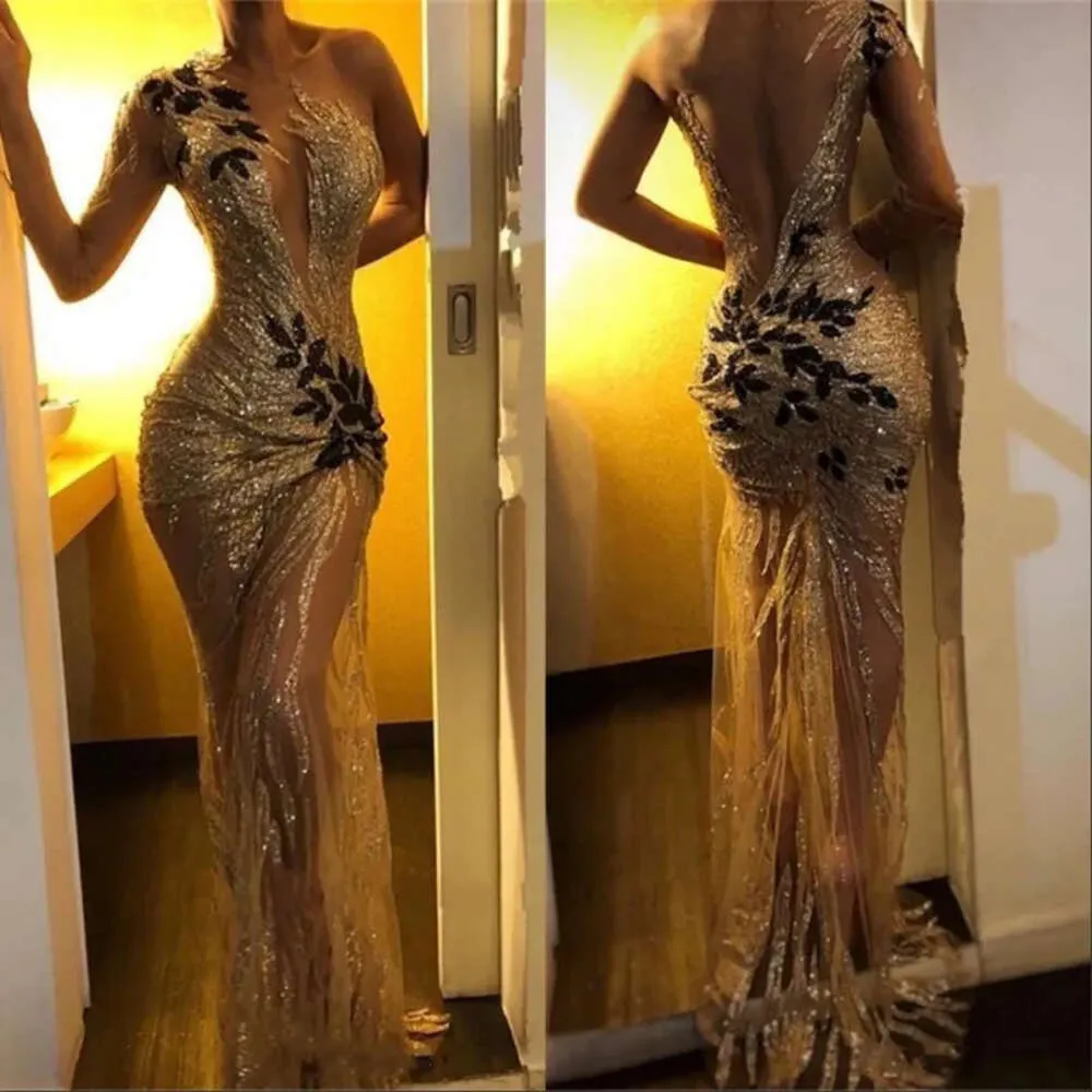 Sexy Pailletten Meerjungfrau Prom Kleider schiere eine Schulter Langarm Spitze Applique Sweep Zug formelle Abendkleider