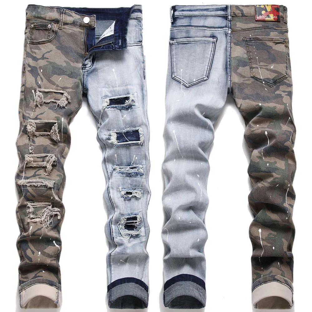 Dżinsy rozdarte plaster Slim Fit Camuflage patchwork jeansowy małe nogi długie spodnie