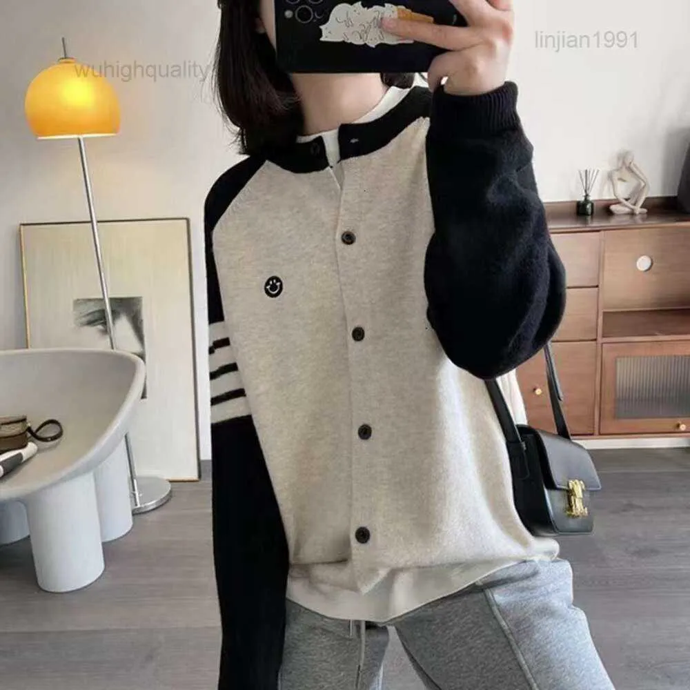 Leisure Age Reducing Smiling Face Colorful Embroidery Tb Cashmere Knitted Cardigan Womens Spring and Autumn Loose Thin Sweater Wool Coat