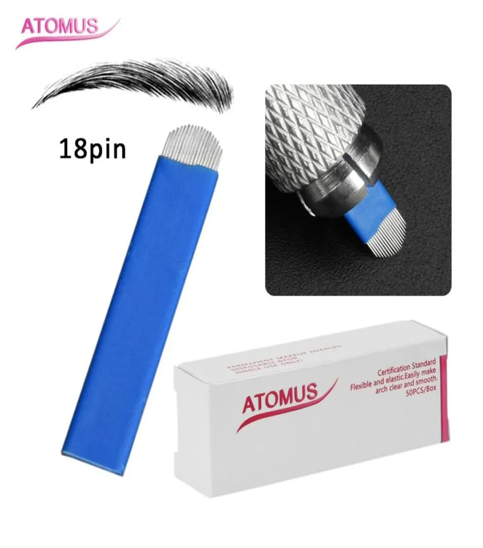 50st U Shape 18 Pins Tattoo Needles Microblading Needles Curved for Permanent Makeup Eyebrow Pen Machine Blue8750466