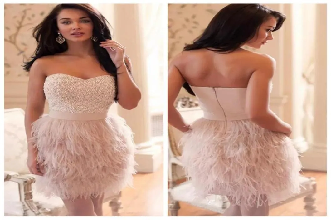 Querida frisada pérolas vestidos de cocktail pena de avestruz 2019 mulheres usam vestido de ocasião especial vestidos de festa à noite formal curto4825608