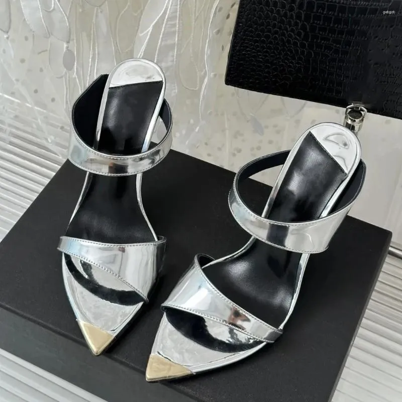 Модельные туфли, 2024 г., серебряные кожаные тапочки на тонком высоком каблуке для женщин, туфли-лодочки с открытым носком, украшенные кристаллами, женские туфли-лодочки, женские сандалии, Loafer34