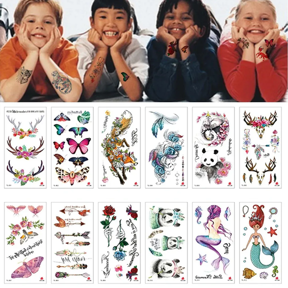 100Pcs Kids Temporary Tattoo Wholesales Animal Wolf Fox Panada Mermaid Cat Butterfly Flower Heart Sticker Body Arm Girls Toterm 240311