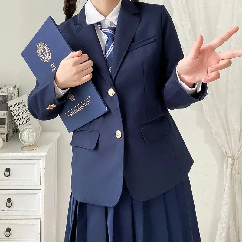 Korean skol uniform marinblå blazer japansk högrock kostym klädflickor jacka seifuku 240315