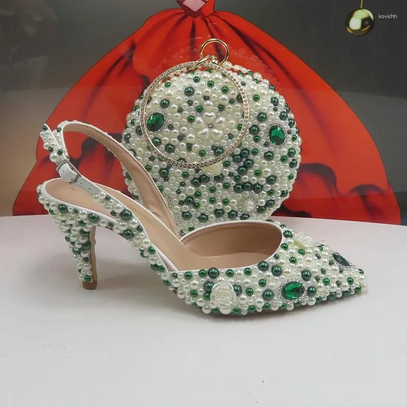 Robe chaussures Baoyafang vert bout pointu perle mariée mariage et sac mince talon slingbacks femme dames chaussure de fête peu profonde femmes