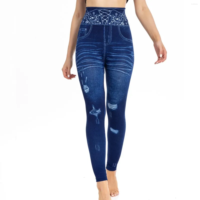 Abbigliamento jeans da donna Collant stampati vintage Vita alta elastica Divertenti pantaloni da yoga in denim imitazione Pantaloni autunnali da donna lunghi