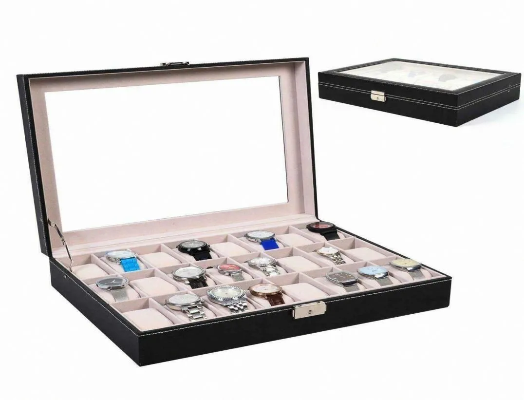 Boîte de montre en cuir à 24 fentes, grand espace de rangement pour bijoux, organisateur avec dessus en verre AOMV2898260