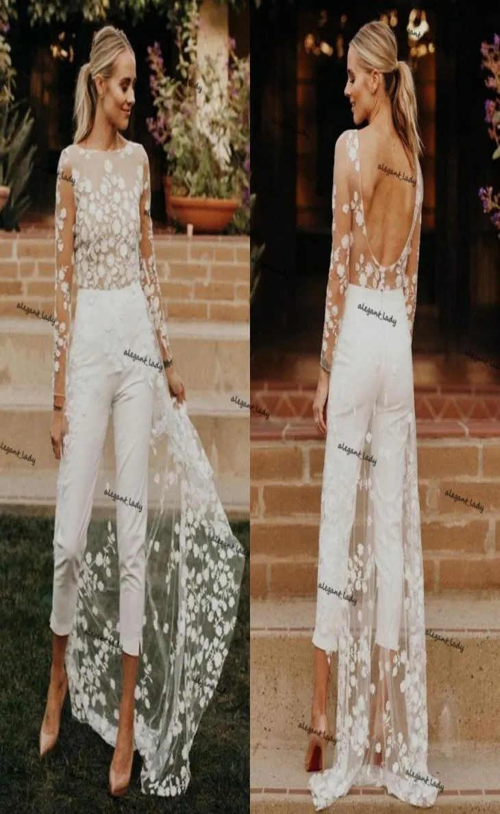 lace floral beach bridal jumpsuit with train 2021 long sleeve backless bohemian summer holiday wedding dress with pant suit1301914