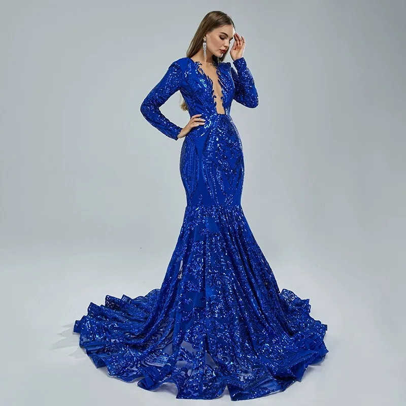 Sparkly Royal Blue Abito da sera da ballo 2024 Lusso scollo a V maniche lunghe Paillettes Africano Nero Ragazze Donne Formale Prom Abito di compleanno Robe De Soiree