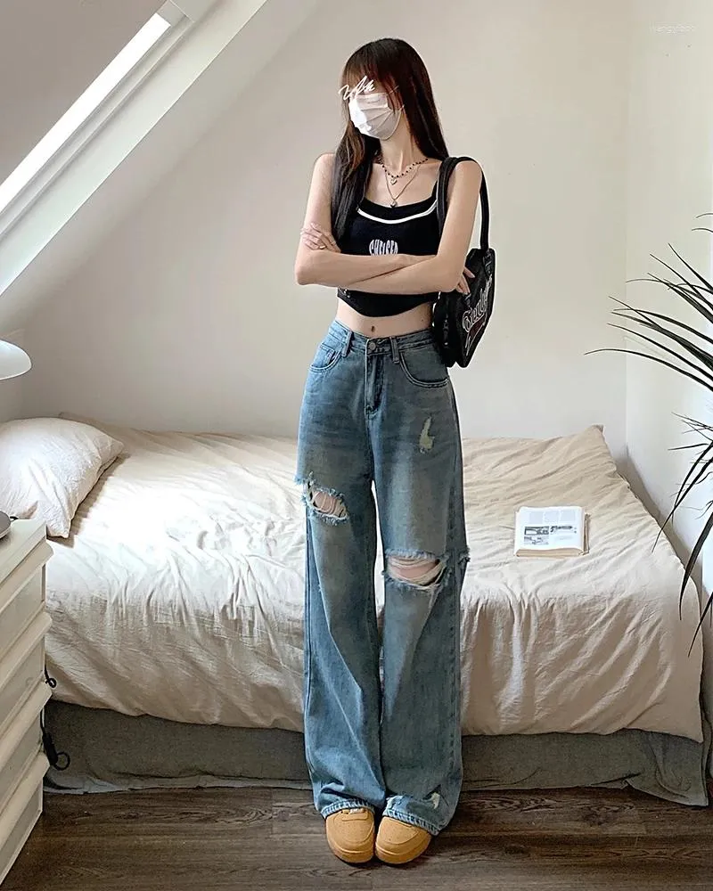 Jeans pour femmes Vintage bleu déchiré jambe large dame taille haute droite lâche décontracté streetwear long pantalon en denim