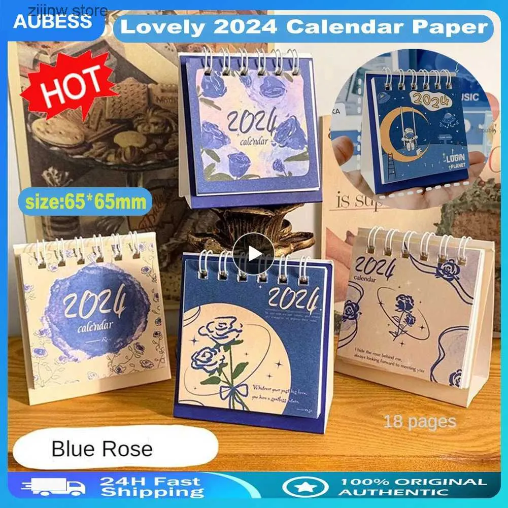 Calendrier 1/2 pièces nouveau mignon 2024 calendrier papier dessin animé illustration mini calendrier Opp Pack 65 * 65mm 2024 calendrier de bureau cadeau décoratif Y240322