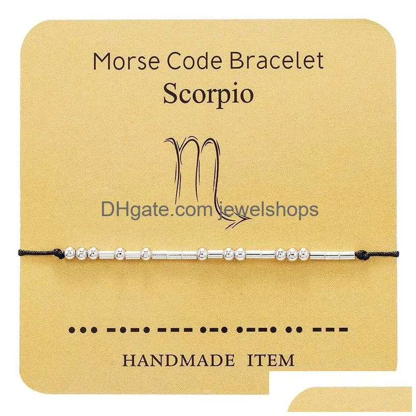 Charm Bracelets 12 Constellations Morse Code Couple Bracelet For Women Men Fashion Handmade Braided Birthday Jewelry Card Gifts Drop D Dh3Ps