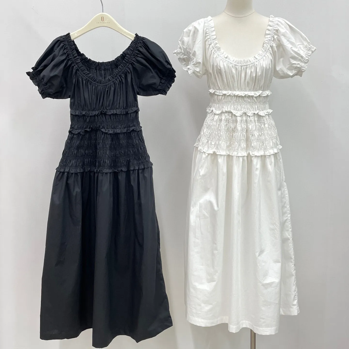 women's dress fashion brand cotton black and white short sleeve gathered waist midi dress