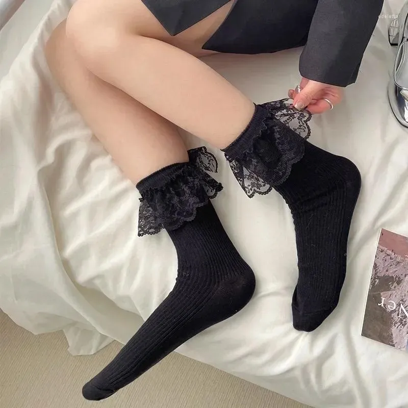 Women Socks Black White Sweet Girls Cute Long Lacework Solid Color Ruffle JK Japanese Style Lolita Kawaii Princess