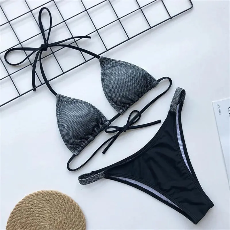 Dames Badmode Glitter Bikini Halter Veterbadpak 2024 Trend Tweedelige Dames Strandoutfit Badpak Micro Bikini's String Biquini