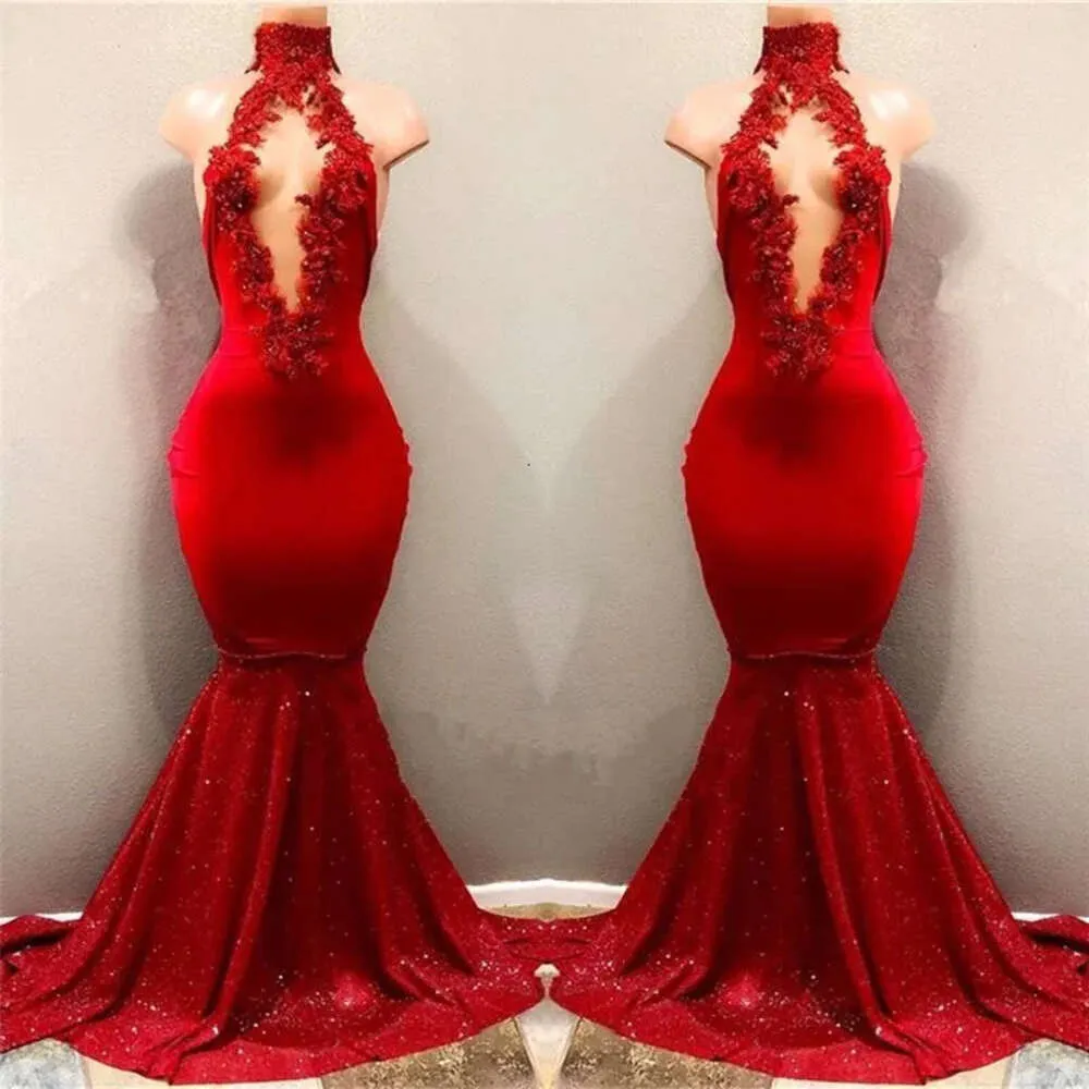 Robe de bal sirène à paillettes, col haut rouge, sexy, avec dentelle ajourée sur le devant, perles appliquées, robes de soirée