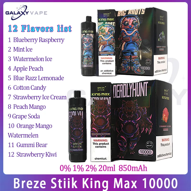 Autentisk Breze Stiik King Max 10000 10K Puff uppladdningsbar RDL DTL-disponibel E Cigaretter Vapes penna elektronisk med 20 ml Förfylld POD 850 mAh batteri