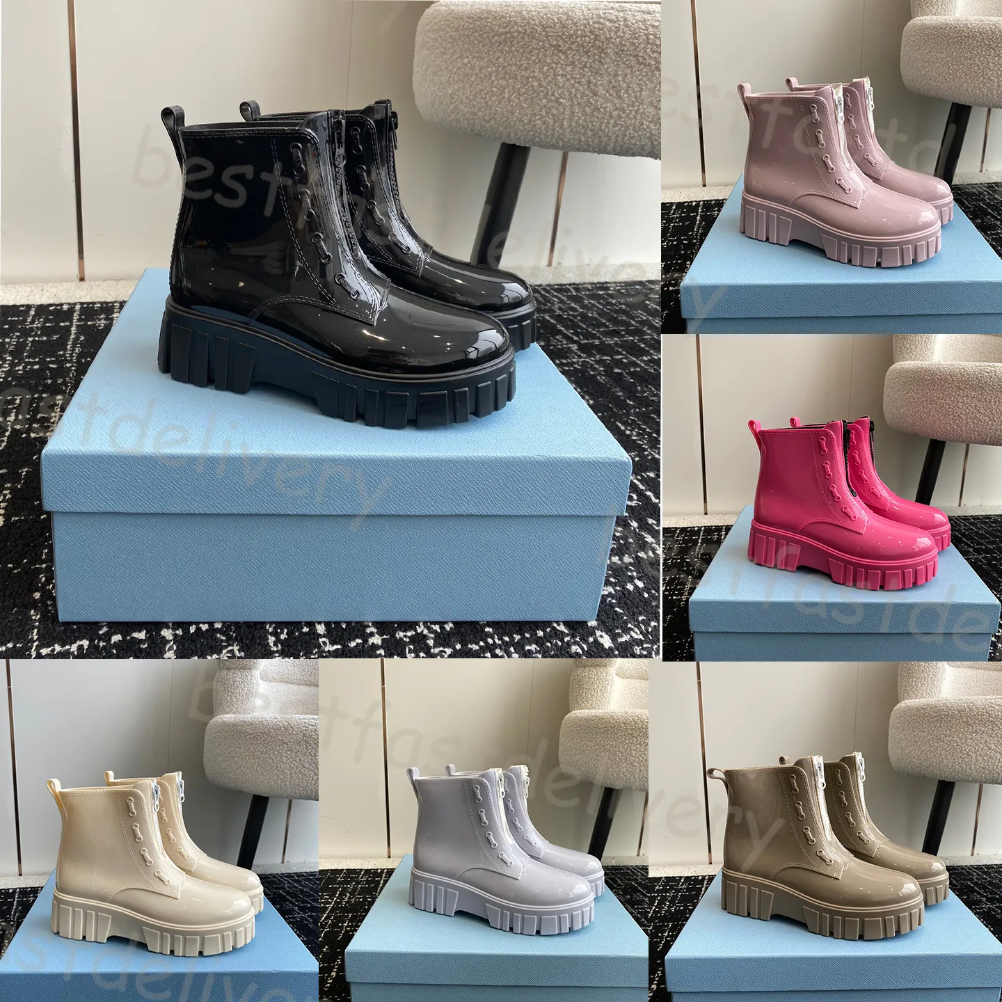 Damen-Designer-P-Stiefel, bunte Plattform, Reißverschluss, Stiefeletten, Martin-Stiefel, Damenschuhe, Chelsea-Biker-Stiefel