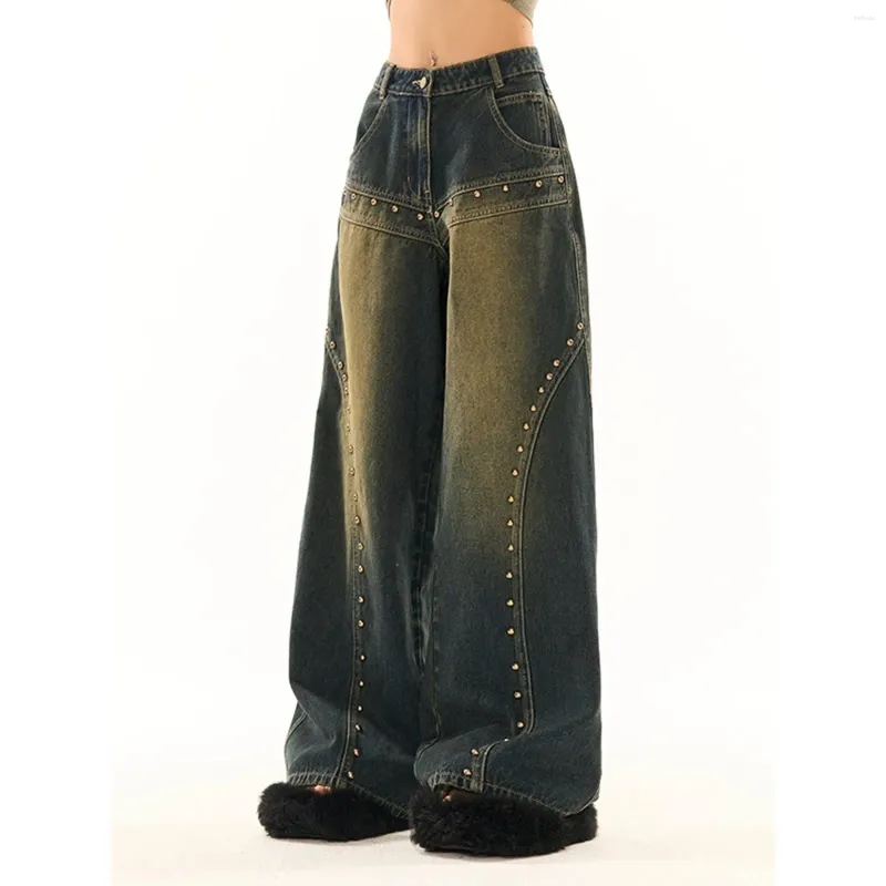 Jeans pour femmes rétro bleu lavé lâche jambe droite pantalon en denim taille basse large pour les femmes Y2k Baggy poche pantalon long