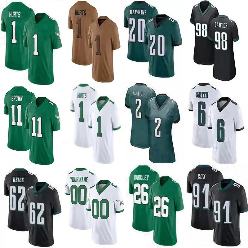 Saquon Barkley Jason Kelce Jalen Hurts Custom Football Jerseys Devonta Smith Bryce Huff Jalen Carter Jake Elliott AJ Brown Brand Brandon Graham White Brian Dawkins