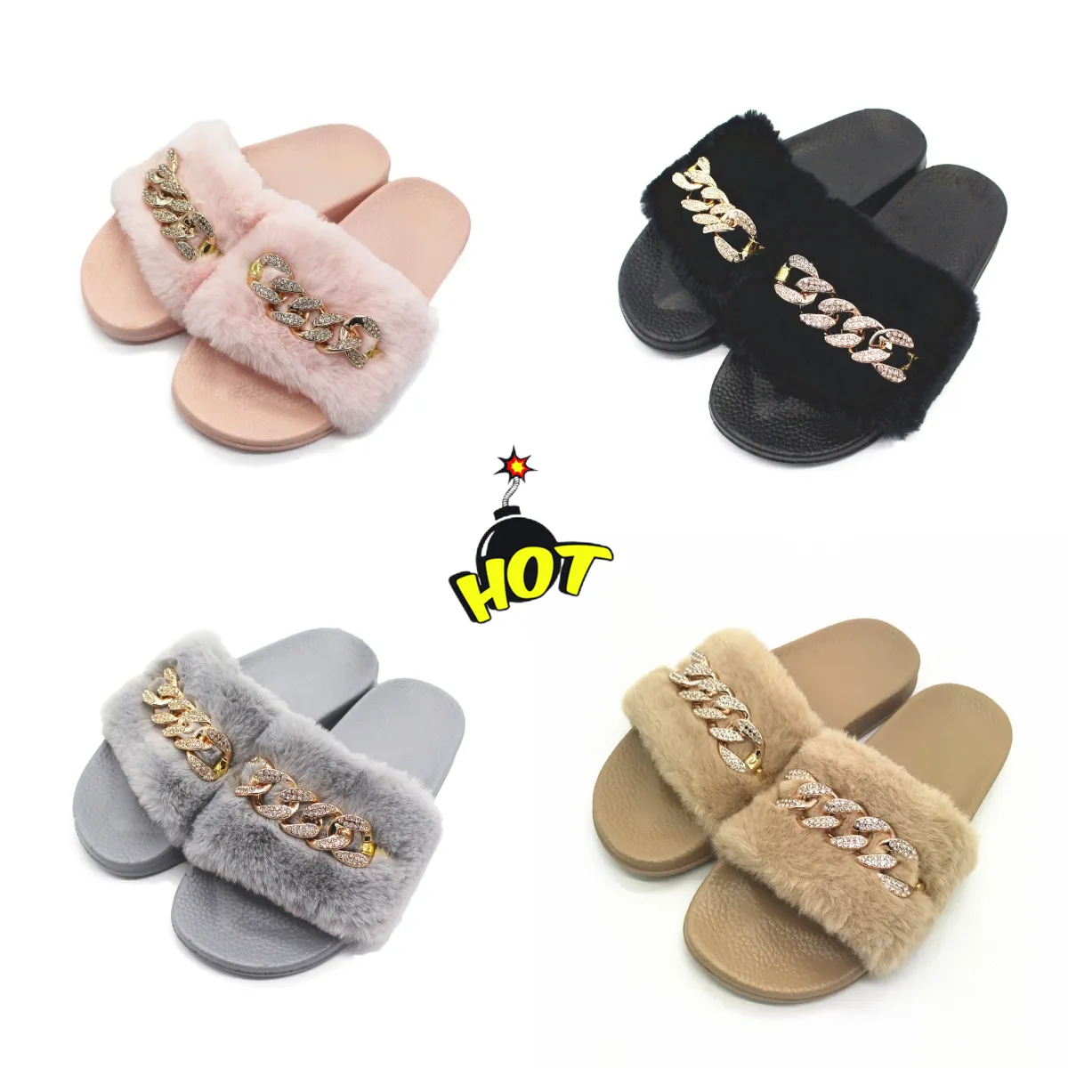 Nuovo comfort in serie autunno e catena invernale Flash Diamond Fluffy Slifori di fluttuanti e fluttuanti flip-flops caldi dimensioni 36-41