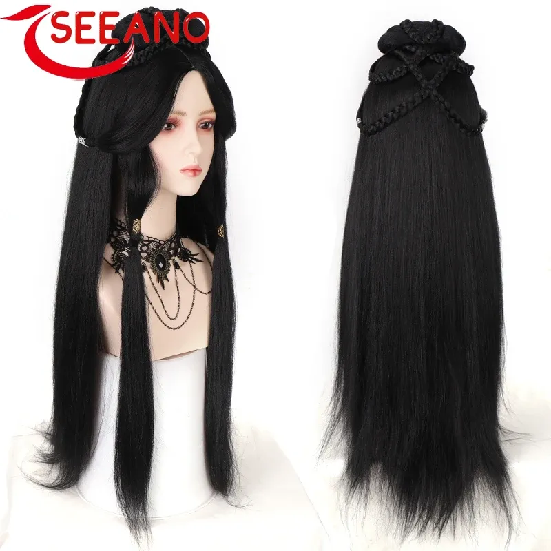 Chignon SEEANO Hanfu Wig Headband Women Chinese Style Synthetic Hair Piece Antique Modelling Cos Pad Hair Accessories Headdress Black