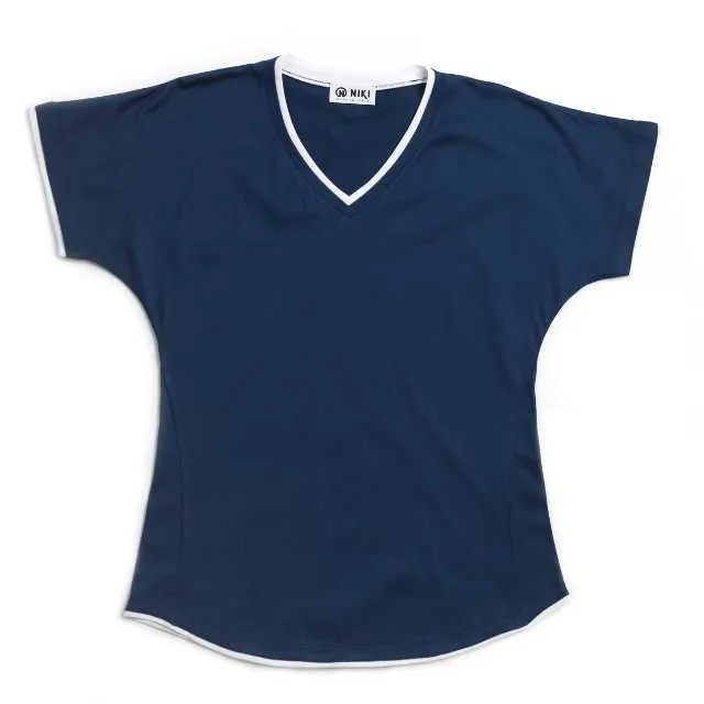 T-shirt femme de haute qualité avec col en v, personnalisation bleue et blanche disponible, 100% coton biologique, manches courtes