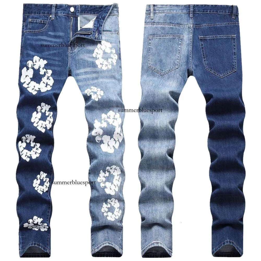 Stir Fried Salt Deep and Light Yin Yang Color Patchwork Printed Cat Whisker Small Straight Tube Non Elastic Jeans for Men