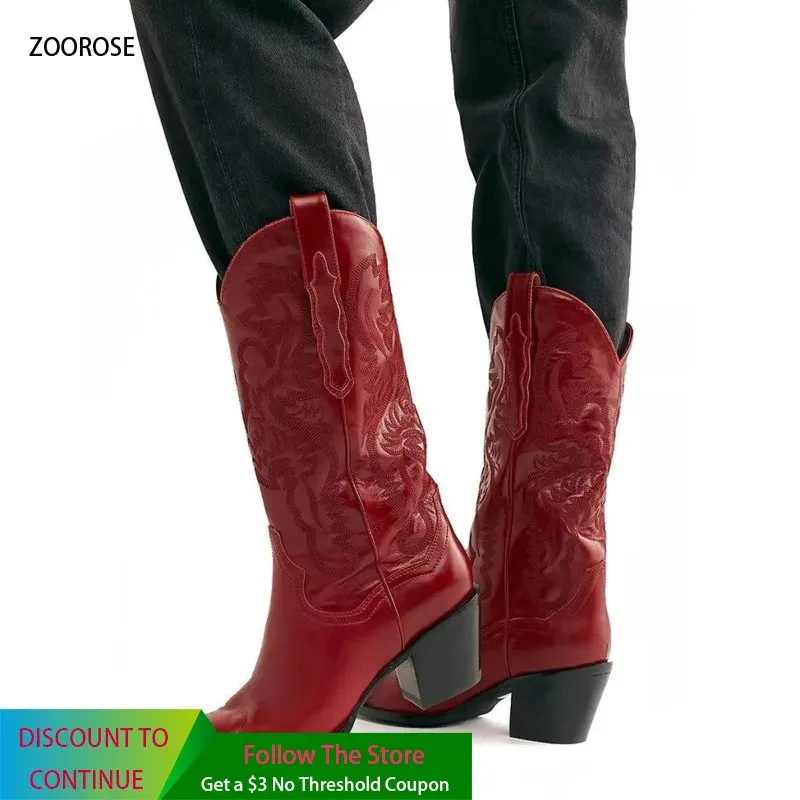 Stiefel Cowboy -Stiefel für Frauen Stickerei Drucken mittlerer Kalb Cowgirl Botas Fashion Spoted Toe PU Leder High Riding Stiefel Western Stiefel