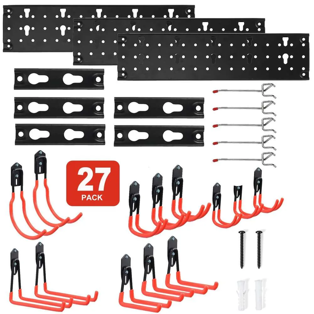 Wallmaster 27 PCS Rack ، Garage Wall Mount Mount Garden Tool Toolder Storage System System Broom Hooks Hookers Max 500lb لأدوات الفناء ، المجارف ،