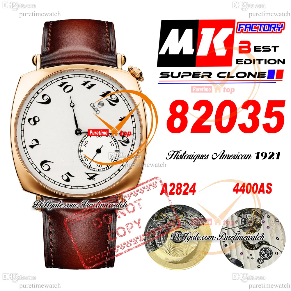 Amerikaans 1921 82035 A4400 automatisch herenhorloge MKF 40 mm roségoud witte wijzerplaat gladde bruine lederen band Super Edition Puretimewatch Reloj Hombre Montre Hommes PTVC