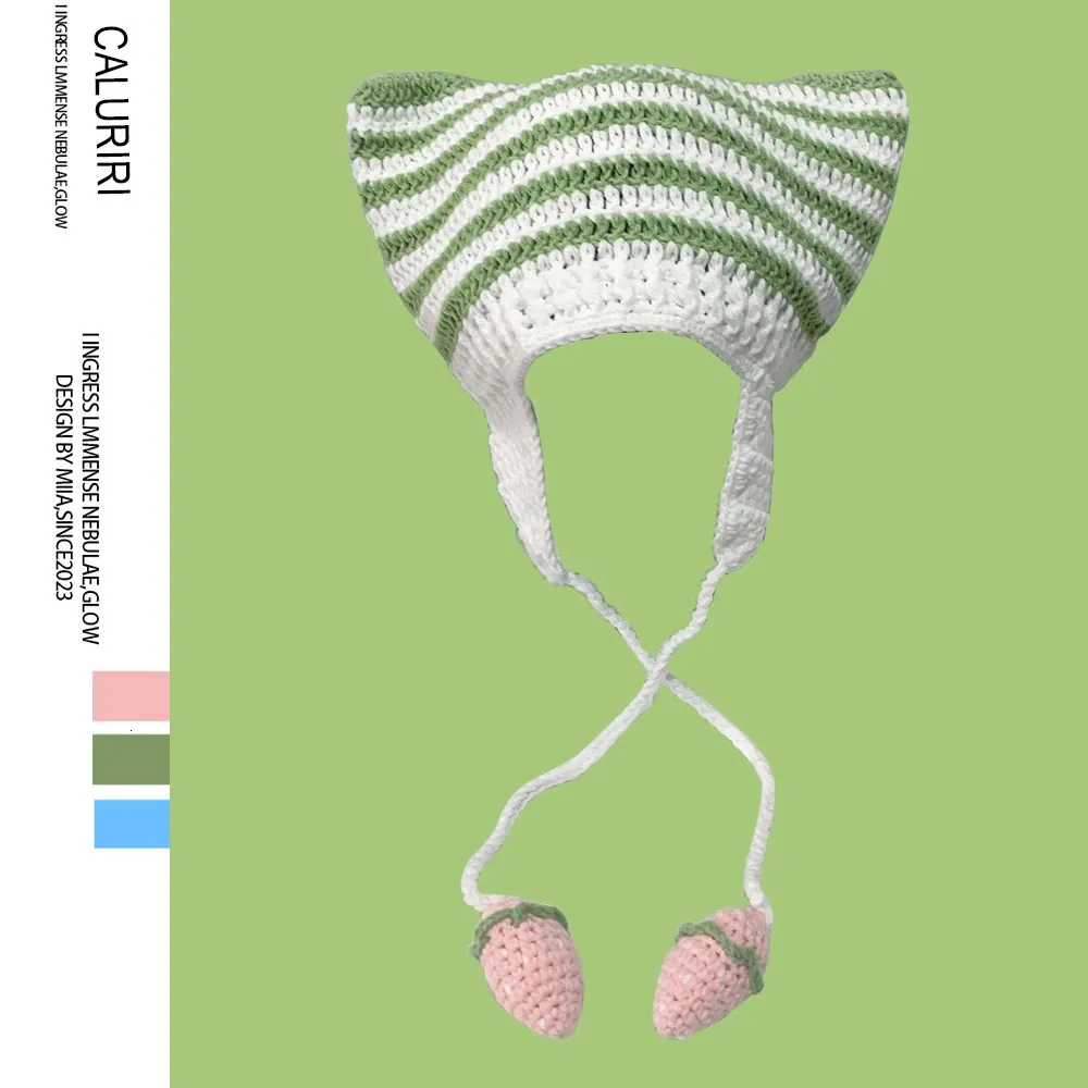 고양이 귀 여자와 y2k 줄무늬 비니 대비 귀여운 악마 호른 모자 히트 메이드 크로 셰 뜨개질 겨울 겨울 따뜻한 스키 비니 캡 선물 240320
