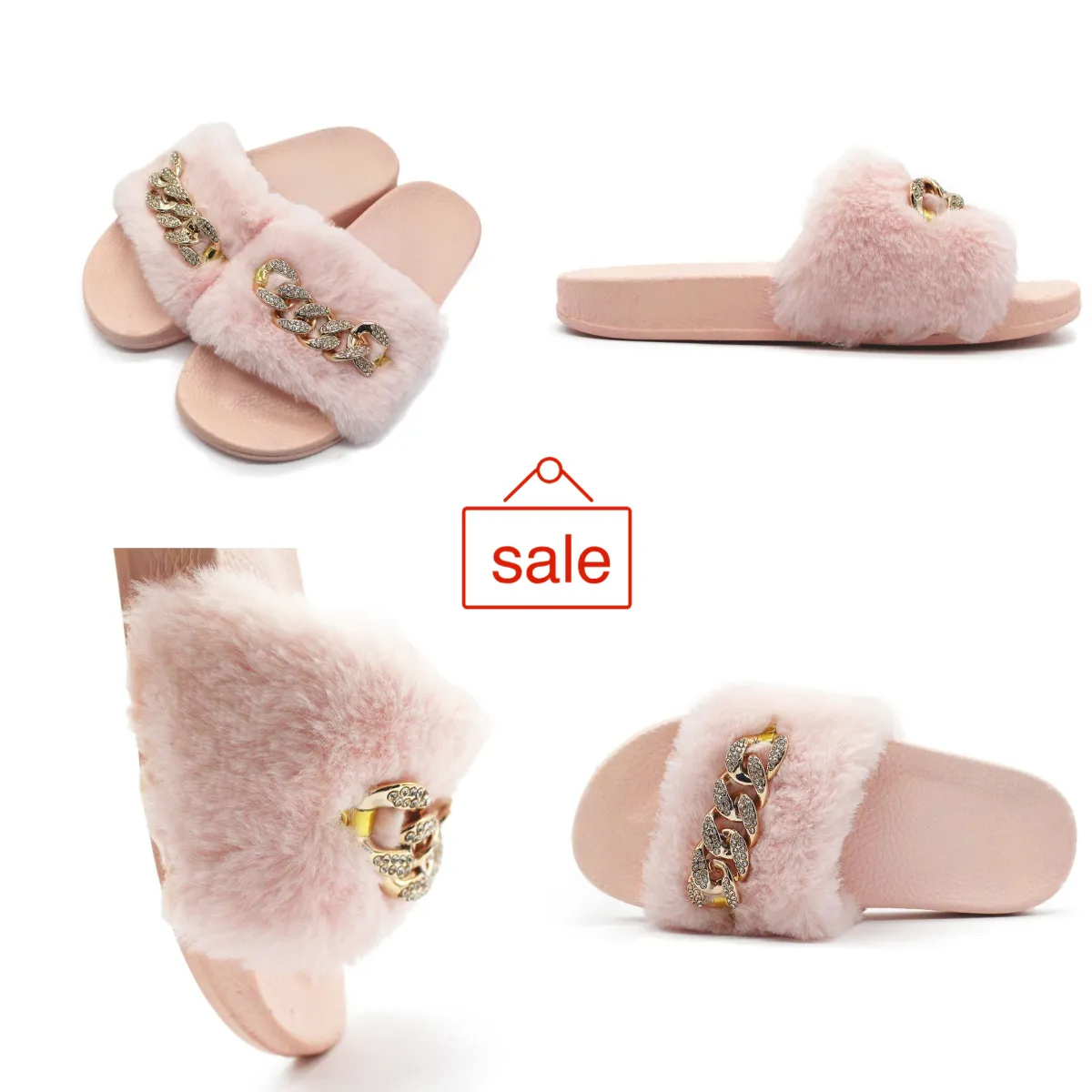 2024 Nuevo comodidad en stock Cadena de otoño e invierno Diamante Diamante Slippers Fluffy Flip Flip-Flops