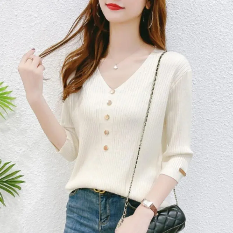 Women's Sweaters 2024 Elegant Solid Color V-neck Spring And Autumn Fashion Versatile Casual Button Up Split Sleeve Loose Knitted Tops