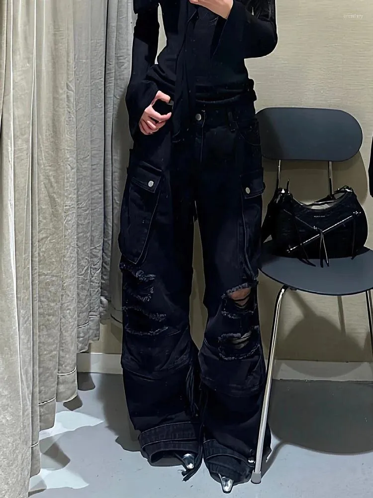 Jeans pour femmes Femmes Dark Academia Gyaru Cyber Punk Harajuku Baddie Ripped Hole Y2K Baggy Low Rise Denim Pants Pantalons des années 2000 Grunge