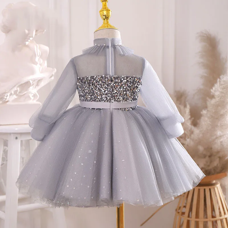 Sweet Silver High Neck Flower Girl Dresses Girl's Birthday Dresses Girls Party Skirt Girl Everyday dress Kids' Party Wear SZ 2-12 D322108